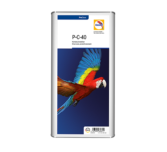 Glasurit P-C-40 Klarlack, kratzfest
2:1+10% mit Härter P-H-410/430/440 und Einstellzusatz P-R- 5 L